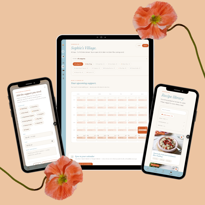 Your Postpartum Village on a tablet and phones